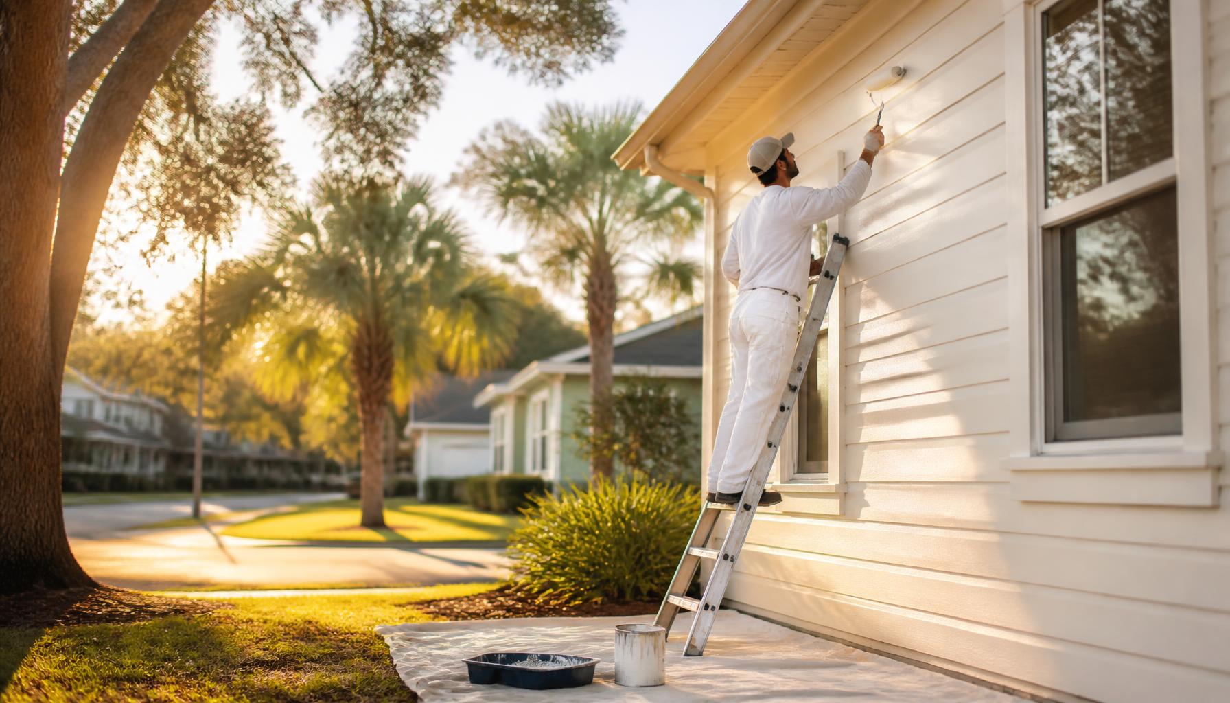 Professional painter working on a Florida home exterior at golden hour